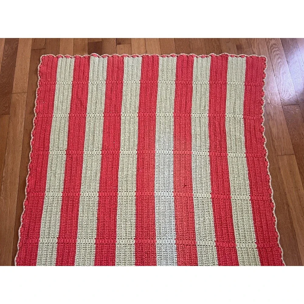 Handmade Crochet Striped Afghan Blanket Lap Throw 71x50 Coral Green Cottage